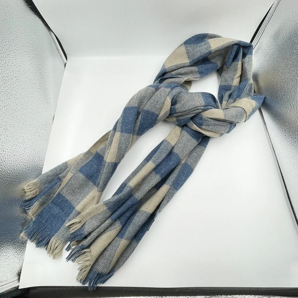 Unisex Fringe Scarf Blue Beige Viscose Plaid Long Rectangular 82 X 24.5 Inches